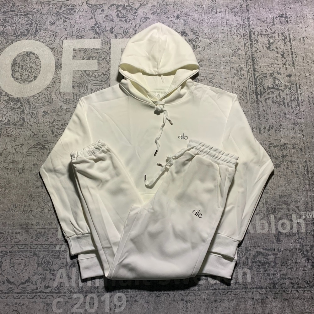 Alo Yoga White Cuffed Sweats Pullover Hoodie and Sweatpants Set Medium